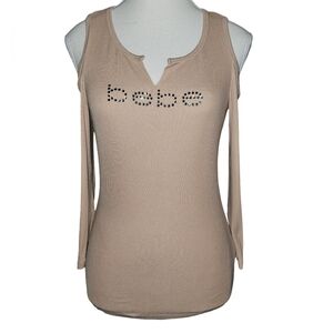 Vtg 90s Bebe Cold Shoulder Beige Ribbed Top M Rhinestone Logo USA Sz M